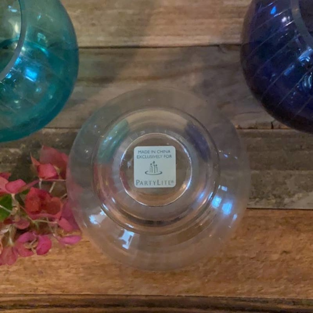 PartyLite‎ “Santorini” Tealight Trio Candle Holders Clear Turquoise Navy Blue - Picture 8 of 10